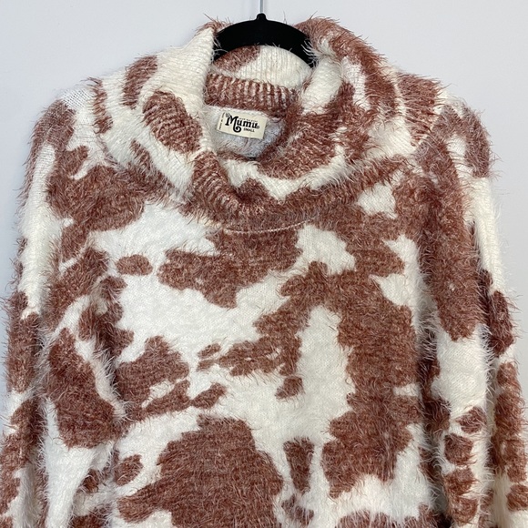 SMYM Frances Holy Cow Print Cowl Neck Fuzzy Sweater - Picture 6 of 11